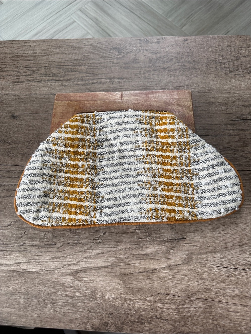Source Unknown Mustard and Gray Striped women’s clutch